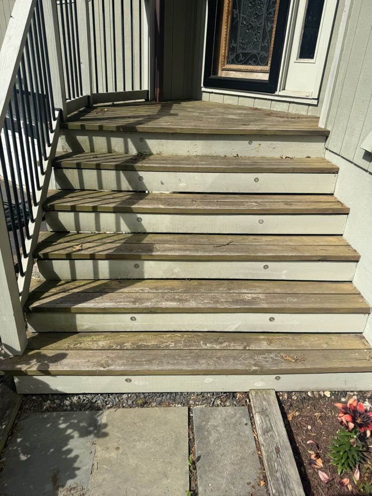 Wood deck stairs before, grey and weathered
